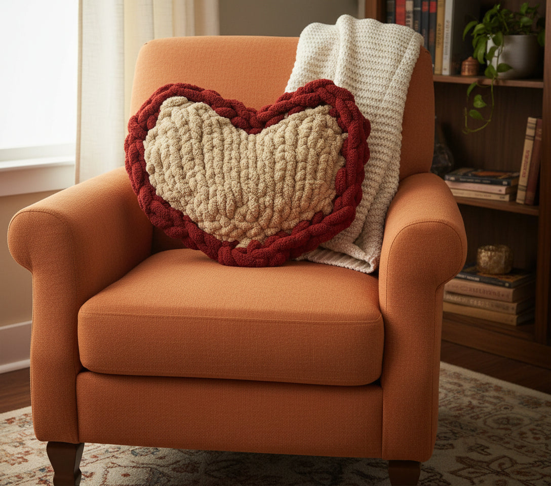 Handmade Red and Taupe Heart Shaped 16" Custom Pillow